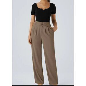 Halara High Waisted Shirred Straight Leg Work Pants Sz Small Womens Beige Pocket